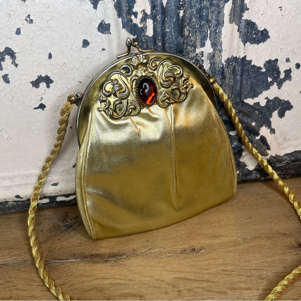 Vintage Harry Levine Mini Evening Handbag Gold w/Amber